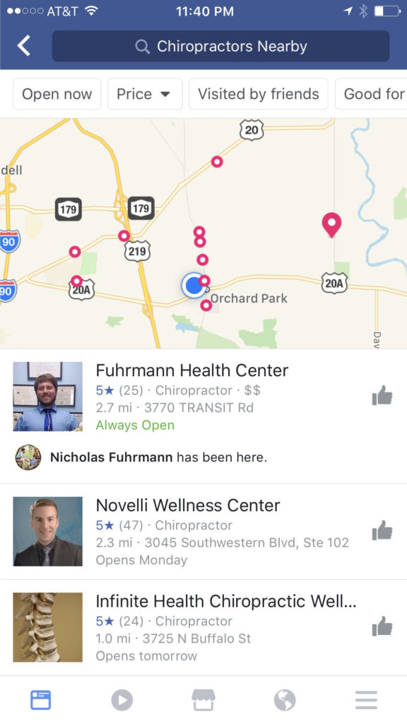 Facebook search for "Chiropractors Nearby"