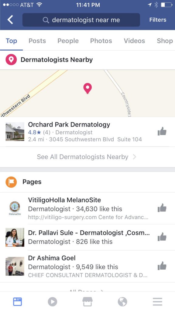 Facebook search for "Dermatologist Near Me"
