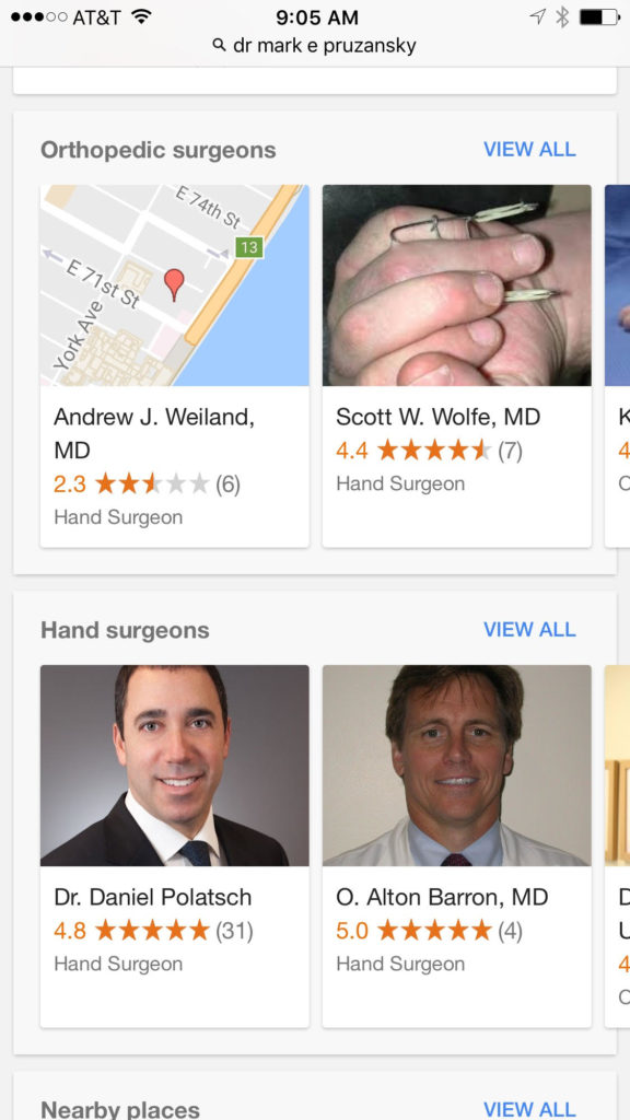 A mobile Google search for "Dr Mark Pruzansky MD" shows the doctor and practice carousels near the bottom of the search results page.