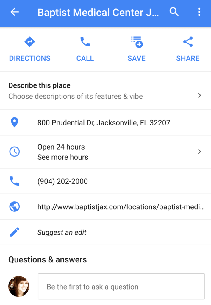 google my business question and answers hospital